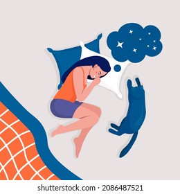 Woman sleeping at night with book and cat. Girl sleep in bed on pillow under duvet. Peaceful dream and relax. Resting time and comfortable relaxation. Sweet dreams, good health. Vector illustration