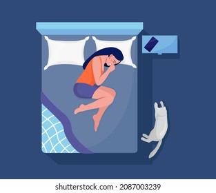 Woman sleeping at night with book and cat. Girl sleep in bed on pillow under duvet. Peaceful dream and relax. Resting time and comfortable relaxation. Sweet dreams, good health. Vector illustration