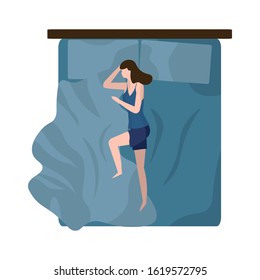Woman sleeping at night in a cozy bed - top view. Concept of comfortable rest, relax, healthy sleep and lifestyle. Vector illustration in blue dark colors. Girl is lying in pajamas hugs a blanket.