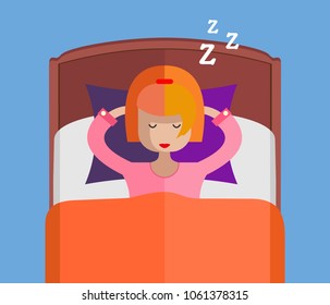 Woman sleeping at night in her bed. Vector illustration.