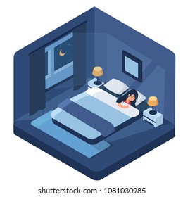 Woman sleeping  at night in her bed.  Flat isometric vector illustration.
