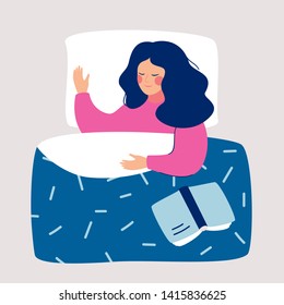 Woman sleeping at night in her bed with open book. Vector illustration.