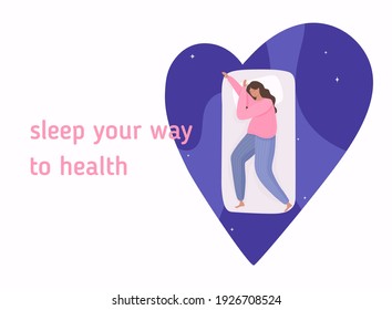 Woman sleeping at night in her bed. Healthcare, self care poster. Sweet dream concept. Advert of mattress.