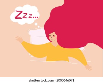 La mujer que duerme de noche en su cama se ve feliz y relajada. Niña tomando una siesta ronca y ve el sueño en una burbuja de discursos. Grado de estrés, salud mental, cuidado corporal, concepto de vibraciones positivas. Ilustración del vector