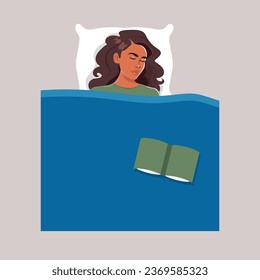 Woman sleeping at night in her bed with open book. Vector illustration.