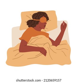 Woman sleeping in night mask lying on bed. Vector hand drawn illustration in flat cartoon style. Isolated on white background.