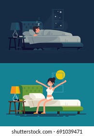 Woman Sleeping At Night And Waking Up In The Morning. Flat Vector Illustration On Lady Resting In His Bedroom And Stretching Sitting On His Bed After Getting Up