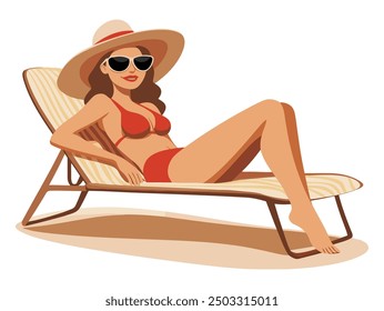 Woman Sleeping on Beach in Bikini, Relaxed and Sunlit Design - Flat Vector Illustration