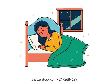 woman sleeping on the bed Portrait of beautiful woman lying on comfortable bed holding pillow with white bedding in bright bedroom. vector cartoon style  illustrator