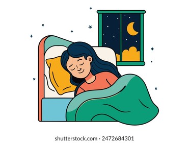 woman sleeping on the bed Portrait of beautiful woman lying on comfortable bed holding pillow with white bedding in bright bedroom. vector cartoon style  illustrator