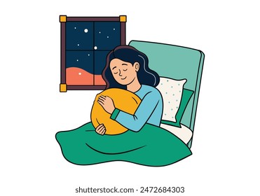 woman sleeping on the bed Portrait of beautiful woman lying on comfortable bed holding pillow with white bedding in bright bedroom. vector cartoon style  illustrator