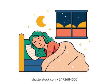 woman sleeping on the bed Portrait of beautiful woman lying on comfortable bed holding pillow with white bedding in bright bedroom. vector cartoon style  illustrator