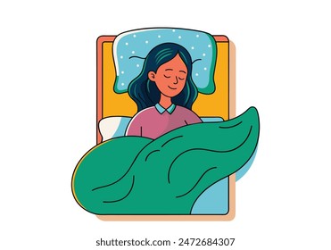 woman sleeping on the bed Portrait of beautiful woman lying on comfortable bed holding pillow with white bedding in bright bedroom. vector cartoon style  illustrator