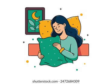 woman sleeping on the bed Portrait of beautiful woman lying on comfortable bed holding pillow with white bedding in bright bedroom. vector cartoon style  illustrator