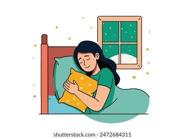 woman sleeping on the bed Portrait of beautiful woman lying on comfortable bed holding pillow with white bedding in bright bedroom. vector cartoon style  illustrator