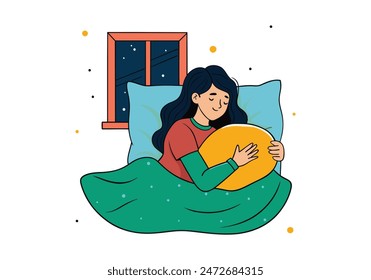 woman sleeping on the bed Portrait of beautiful woman lying on comfortable bed holding pillow with white bedding in bright bedroom. vector cartoon style  illustrator