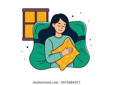 woman sleeping on the bed Portrait of beautiful woman lying on comfortable bed holding pillow with white bedding in bright bedroom. vector cartoon style  illustrator