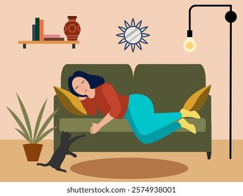 Woman sleeping on couch during the day to compensate for sleeplessness at night. Sleep deprivation concept