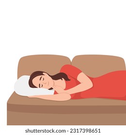 Woman sleeping on the couch, robot vacuum cleaner works. Modern wireless equipment for cleaning the apartment. Flat vector illustration isolated on white background