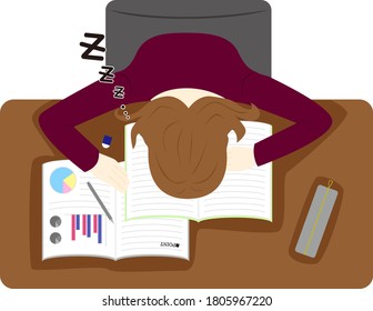 woman sleeping on desk hard  studying day.