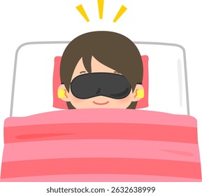 A woman sleeping on a futon with an eye mask and earplugs