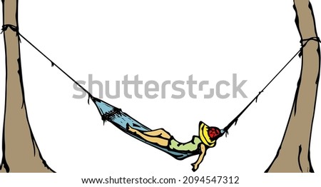A woman sleeping on a hammock between two trees. Hand drawn vector illustration.