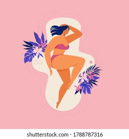 Woman sleeping on a huge pad flower. Eco protection for woman in critical days. Vector illustration on white background.