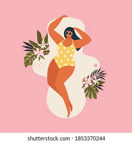 Woman sleeping on a huge pad flower. Eco protection for woman in critical days. Vector illustration on white background.