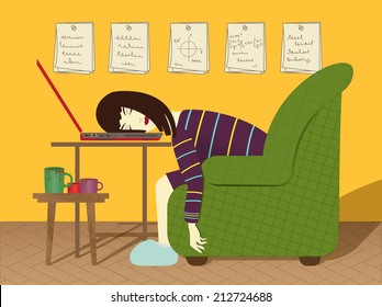 Woman sleeping on a notebook, student or night work, tiredness vector illustration