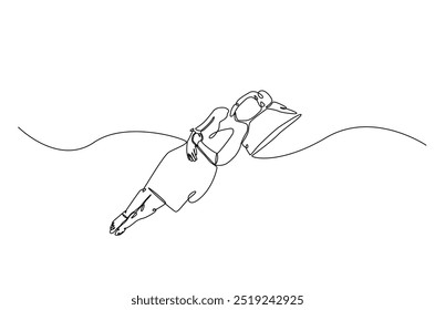 Mujer durmiendo en la cama de la almohada continua una línea de dibujo. Mujer durmiente en ilustración de arte de una sola línea. Vector editable.  