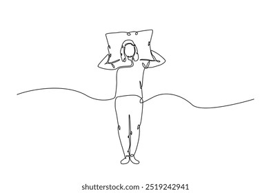 Mujer durmiendo en la cama de la almohada continua una línea de dibujo. Mujer durmiente en ilustración de arte de una sola línea. Vector editable.  