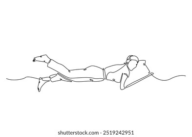 Mujer durmiendo en la cama de la almohada continua una línea de dibujo. Mujer durmiente en ilustración de arte de una sola línea. Vector editable.  