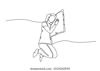 Mujer durmiendo en la cama de la almohada continua una línea de dibujo. Mujer durmiente en ilustración de arte de una sola línea. Vector editable.  