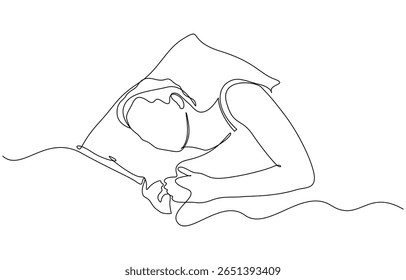 Woman sleeping on pillow bed continuous one line drawing. Sleeping woman in single line art, Sleeping woman in single line art illustration. Editable vector.