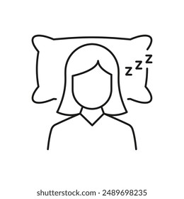 Woman Sleeping on Pillow Line Icon with ZZZ Symbol, Sleep or Rest and Bedtime Routine. Isolated Vector Illustration.