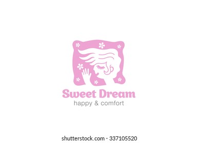 Woman Sleeping on Pillow Logo design vector template. Sweet dreams girl Logotype concept icon negative space.