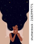 Woman sleeping on a pillow. Woman with long hair decorated with moon and stars. Illustration about sleep, peaceful, calm, good dream, pillow, night, magic, etc. Vertical card.