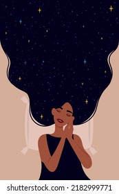 Woman Sleeping On A Pillow. Woman With Long Hair Decorated With Moon And Stars. Illustration About Sleep, Peaceful, Calm, Good Dream, Pillow, Night, Magic, Etc. Vertical Card.