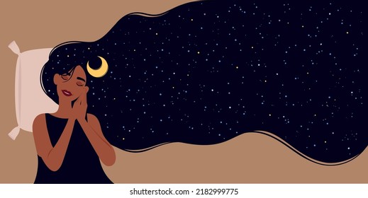 Woman sleeping on a pillow. Woman with long hair decorated with moon and stars. Illustration about sleep, good dream, pillow, night, magic, peaceful, calm, etc. Horizontal card.