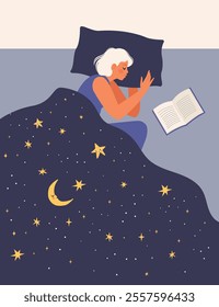 Woman sleeping on a pillow. Woman sleeps under the blanket decorated with moon and stars. Illustration about sleep, good dream, pillow, night, magic, peaceful, calm, etc.