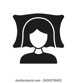 Woman Sleeping On Pillow Solid Icon. Rest, Relaxation, And Sleep Quality Silhouette Symbol. Sleep Health And Comfort Representation. Isolated Vector Illustration.