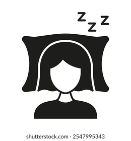 Mujer que duerme en la almohada con el icono de la silueta de ZZZ. Símbolo de glifo femenino dormido relajado. Sueño reparador. Ilustración vectorial aislada.