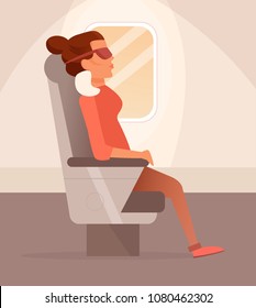 Woman Sleeping On A Plane. Sleep Mask 
Vector. Cartoon. Isolated Art