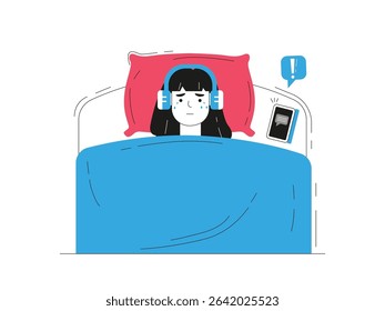 Woman sleeping on a sad bed, wearing headphones to listen to music. Character design. Vector flat illustration