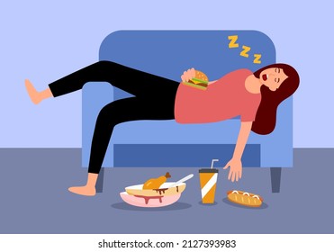 Woman sleeping on sofa after overeating in flat design. svg