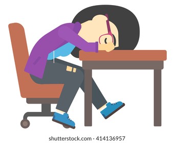 Woman sleeping on table.