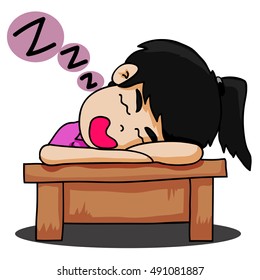 Woman sleeping on table.