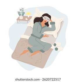 Woman sleeping in pajamas with sleep mask, isolated on white background
