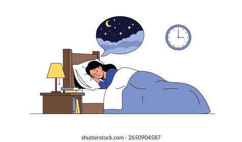 Mulher dormindo em paz na cama sonhando com céu noturno estrelado e nuvens à noite