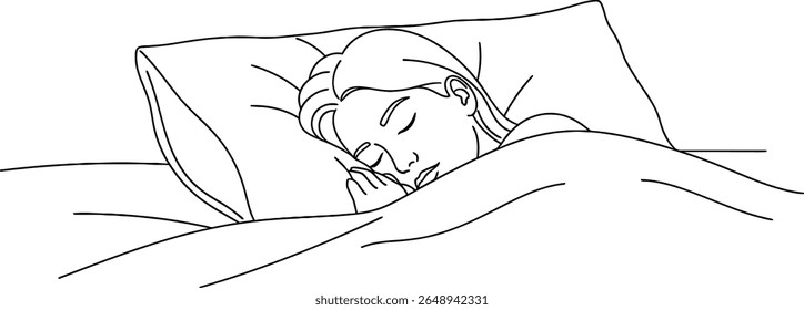 Woman Sleeping Peacefully in Bed Line Art Illustration